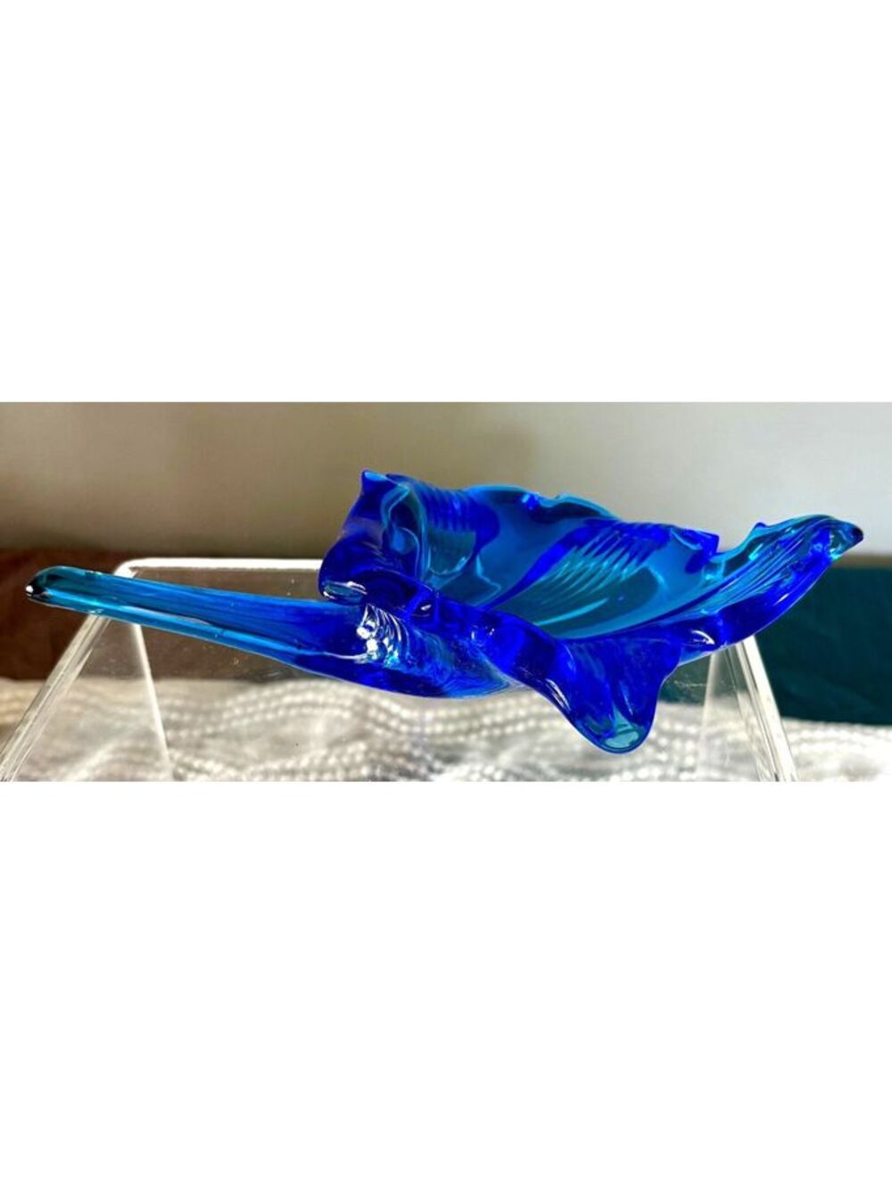 Vintage Cobalt Blue Art Glass Flower Long Stem Ruffled Sculpture 8"